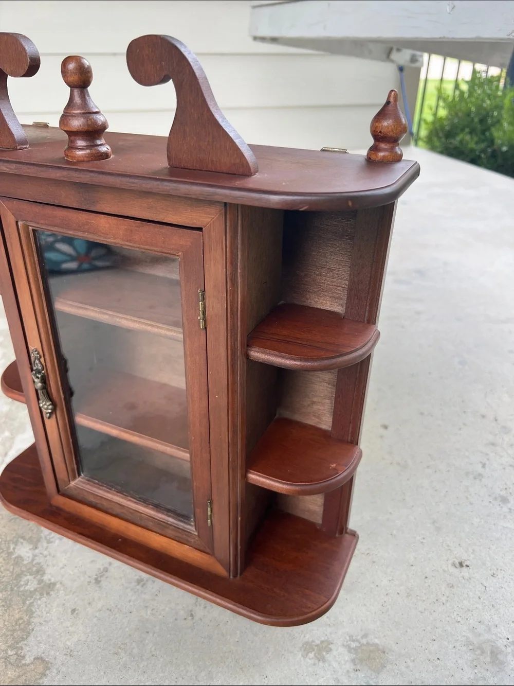 Vintage Wood Curio Display Cabinet Glass Door, Open Shelves & Decorative Detail